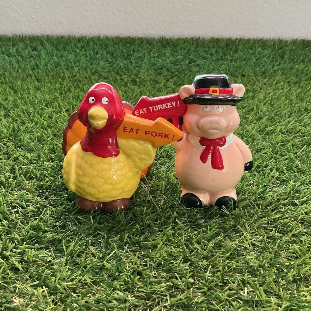 Thanksgiving Turkey Pig Salt Pepper Shakers Eat Pork Eat Turkey Ceramic Set